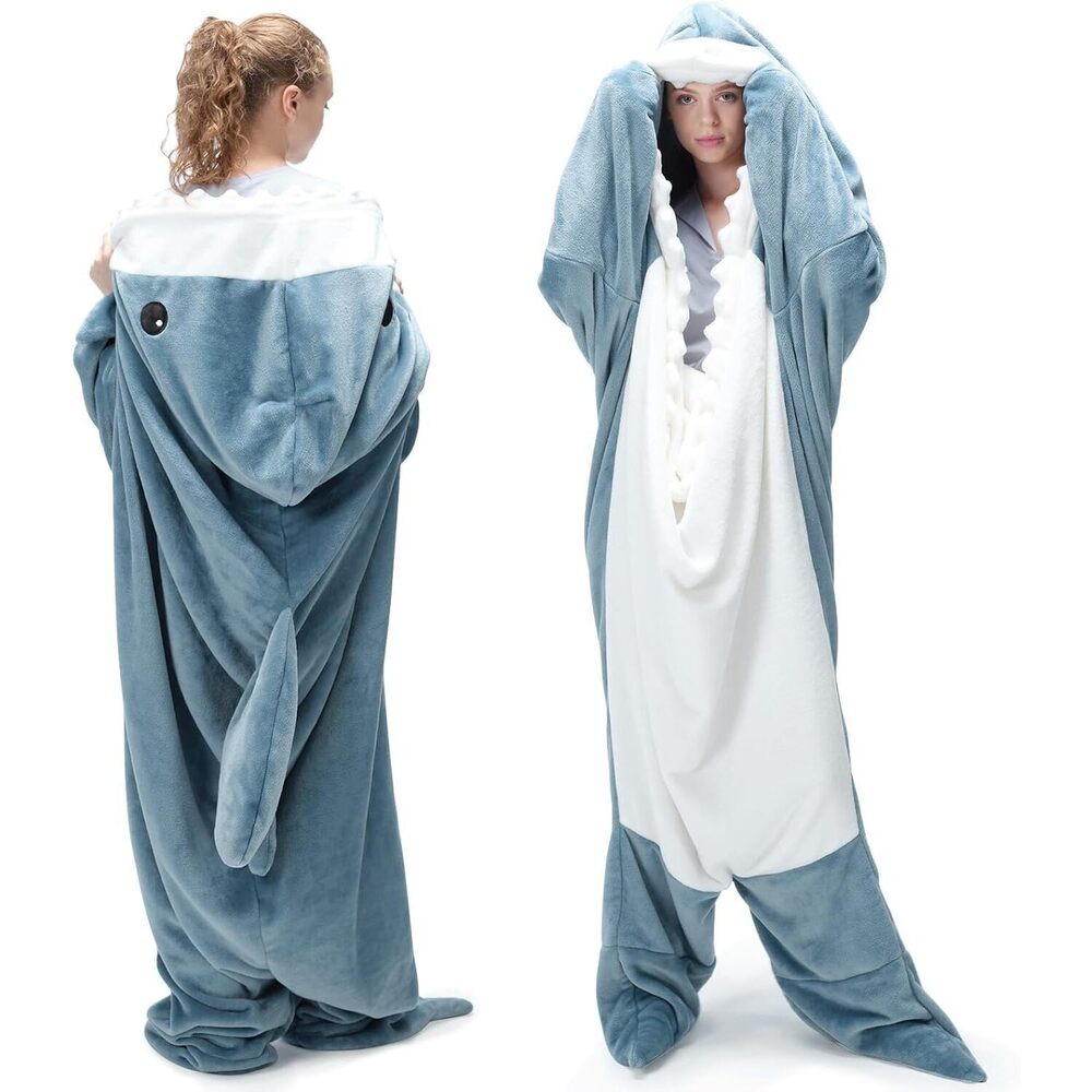 9783 Super Soft Cozy Flannel Shark Onesie Wearable Blanket Hoodie, Shark